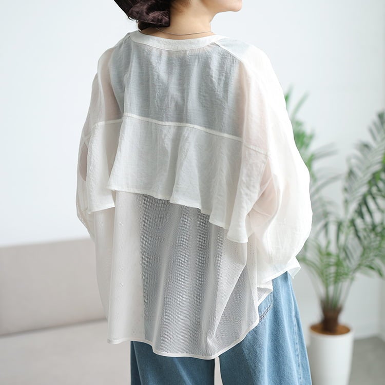 大きいサイズ レディース バックラッフルメッシュ切り替えブルゾン