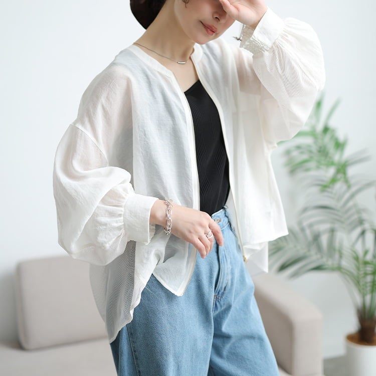 大きいサイズ レディース バックラッフルメッシュ切り替えブルゾン