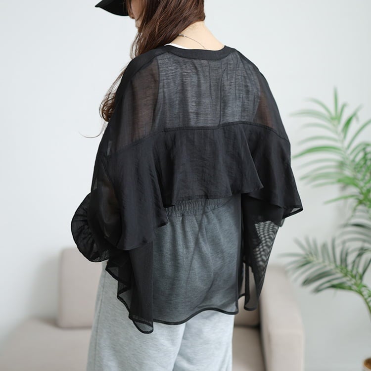 大きいサイズ レディース バックラッフルメッシュ切り替えブルゾン