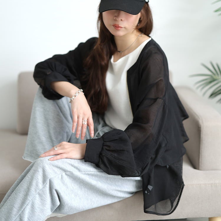 大きいサイズ レディース バックラッフルメッシュ切り替えブルゾン