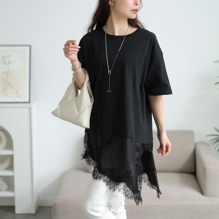 大きいサイズ レディース レース＆異素材切り替えアシメヘムチュニック