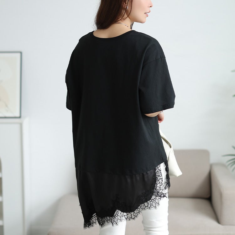 大きいサイズ レディース レース＆異素材切り替えアシメヘムチュニック