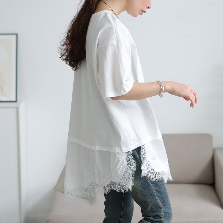 大きいサイズ レディース レース＆異素材切り替えアシメヘムチュニック