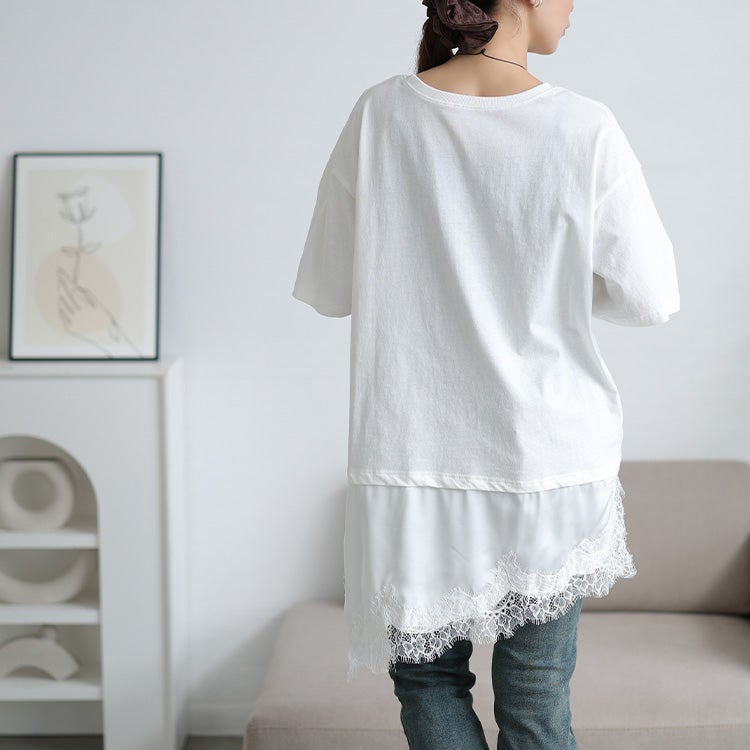 大きいサイズ レディース レース＆異素材切り替えアシメヘムチュニック