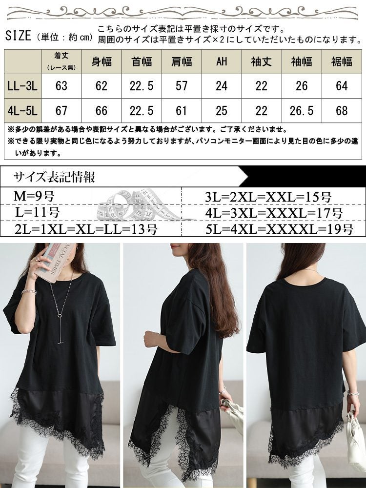 大きいサイズ レディース レース＆異素材切り替えアシメヘムチュニック