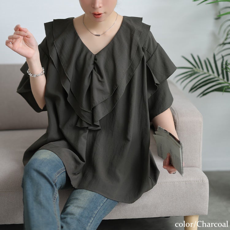 大きいサイズ レディース 接触冷感ティアードラッフルブラウス