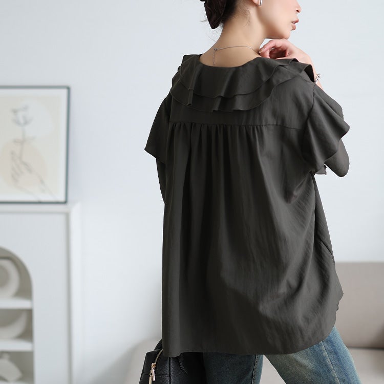 大きいサイズ レディース 接触冷感ティアードラッフルブラウス