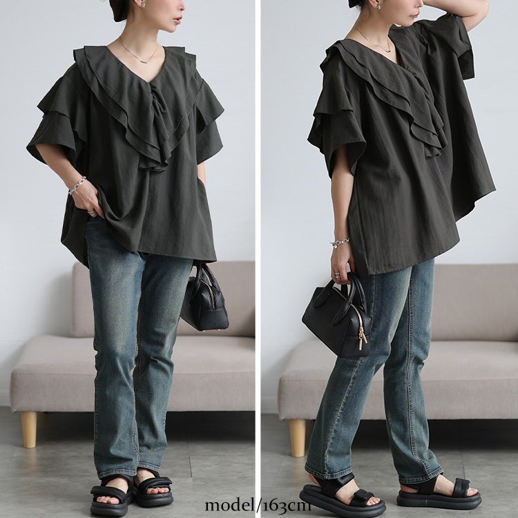 大きいサイズ レディース 接触冷感ティアードラッフルブラウス