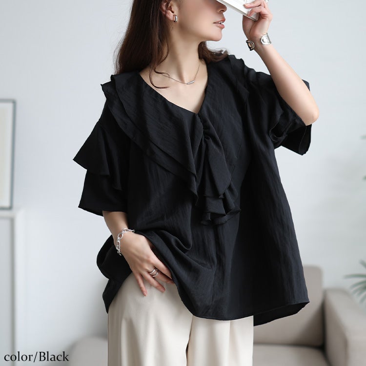 大きいサイズ レディース 接触冷感ティアードラッフルブラウス