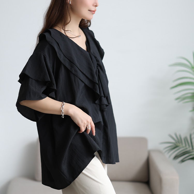 大きいサイズ レディース 接触冷感ティアードラッフルブラウス