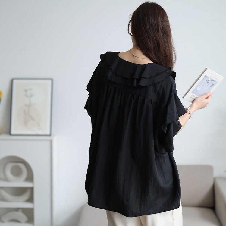 大きいサイズ レディース 接触冷感ティアードラッフルブラウス