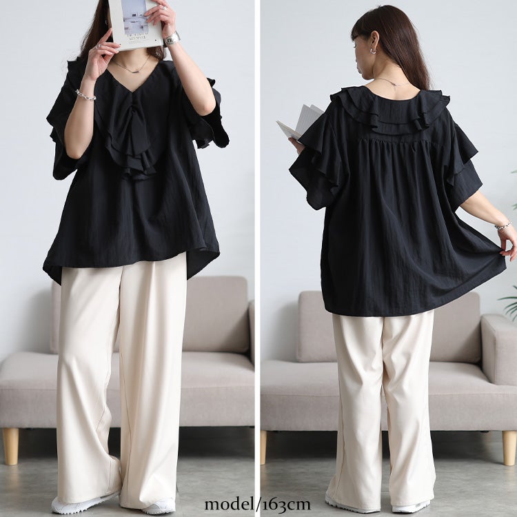 大きいサイズ レディース 接触冷感ティアードラッフルブラウス