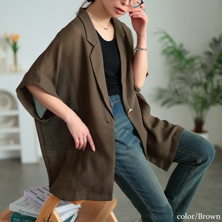 大きいサイズ レディース オーバーサイズメッシュジャケット ブラウン