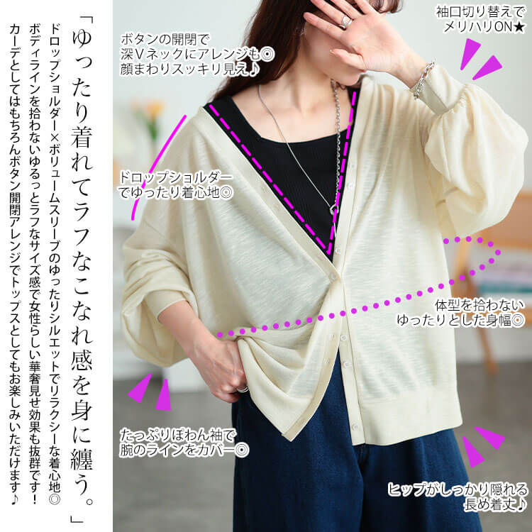 大きいサイズ レディース Vネックボリューム袖スラブカーディガン