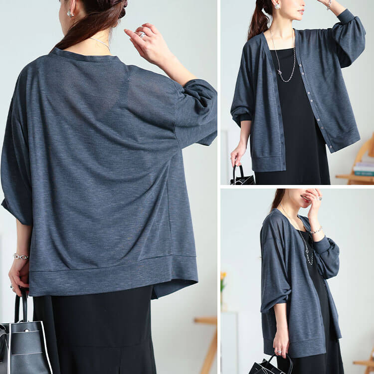 大きいサイズ レディース Vネックボリューム袖スラブカーディガン