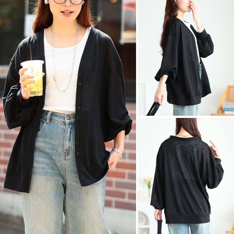 大きいサイズ レディース Vネックボリューム袖スラブカーディガン