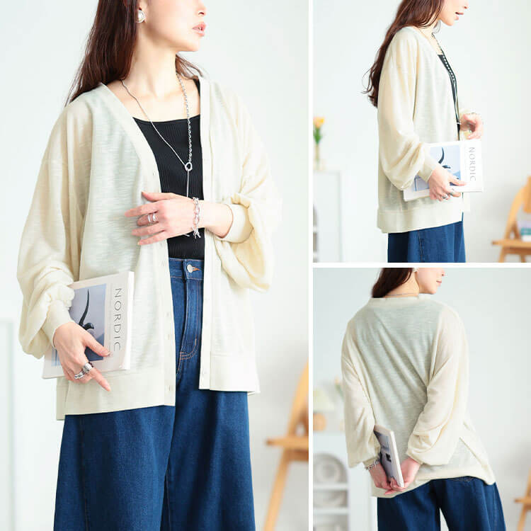 大きいサイズ レディース Vネックボリューム袖スラブカーディガン