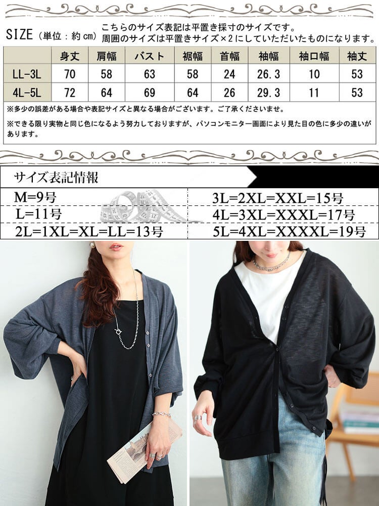 大きいサイズ レディース Vネックボリューム袖スラブカーディガン