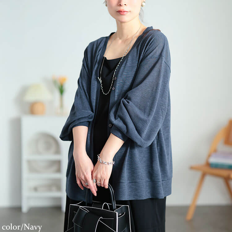大きいサイズ レディース Vネックボリューム袖スラブカーディガン ネイビー