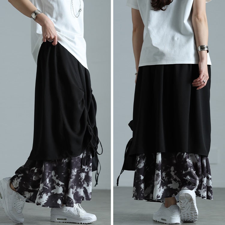 大きいサイズ レディース 裾ドロストニュアンス柄レイヤードスカート