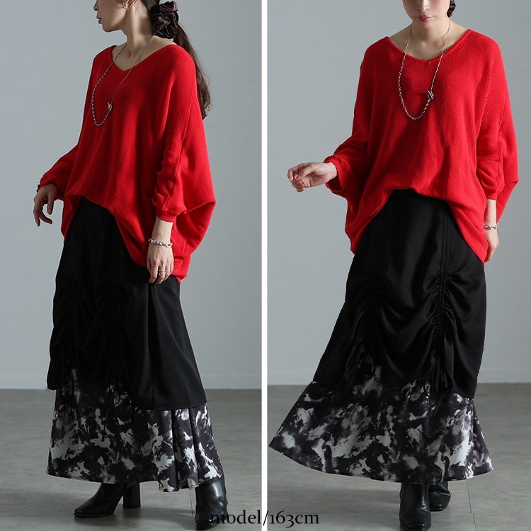 大きいサイズ レディース 裾ドロストニュアンス柄レイヤードスカート