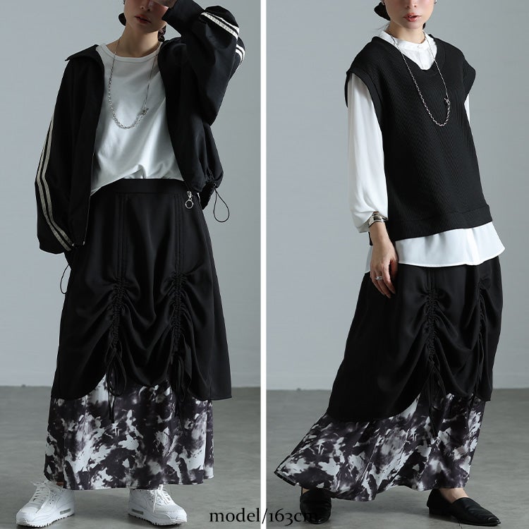 大きいサイズ レディース 裾ドロストニュアンス柄レイヤードスカート