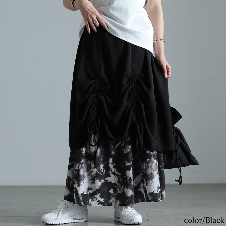 大きいサイズ レディース 裾ドロストニュアンス柄レイヤードスカート ブラック
