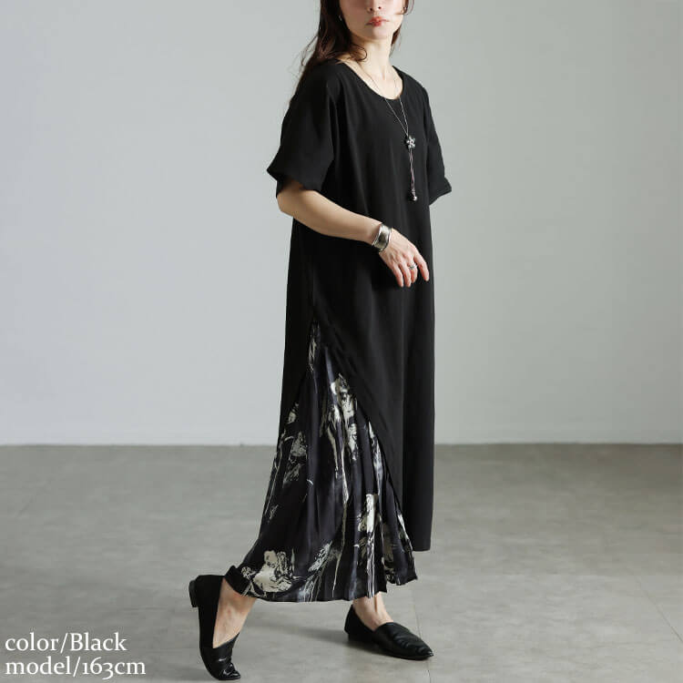 大きいサイズ レディース 花柄プリーツ切り替えアシメワンピース