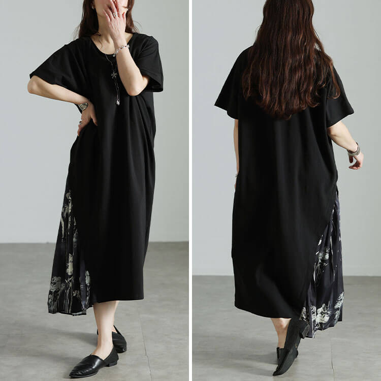 大きいサイズ レディース 花柄プリーツ切り替えアシメワンピース