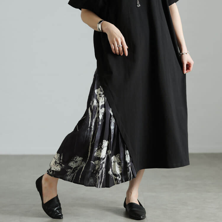 大きいサイズ レディース 花柄プリーツ切り替えアシメワンピース