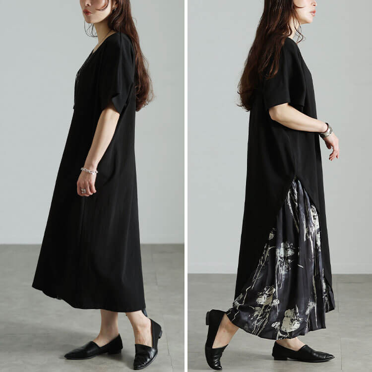 大きいサイズ レディース 花柄プリーツ切り替えアシメワンピース