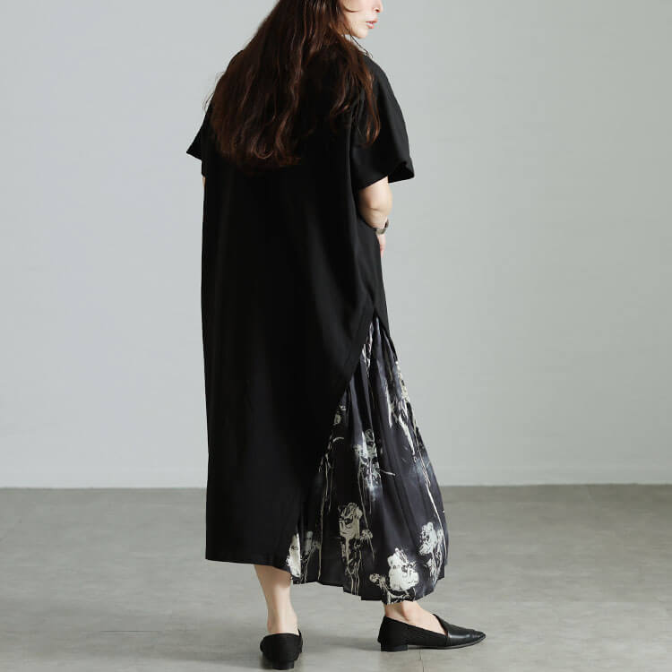 大きいサイズ レディース 花柄プリーツ切り替えアシメワンピース