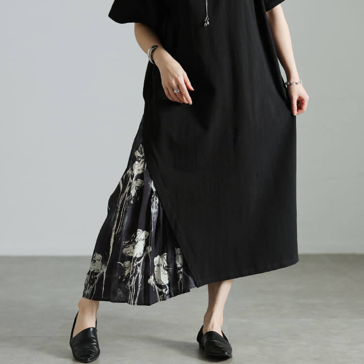 大きいサイズ レディース 花柄プリーツ切り替えアシメワンピース