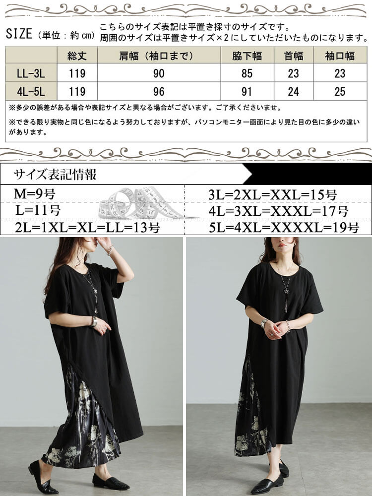 大きいサイズ レディース 花柄プリーツ切り替えアシメワンピース