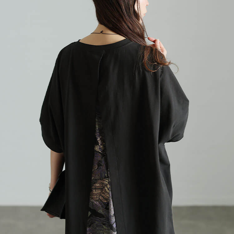 大きいサイズ レディース 後ろリーフ柄切り替えドルマンワンピース