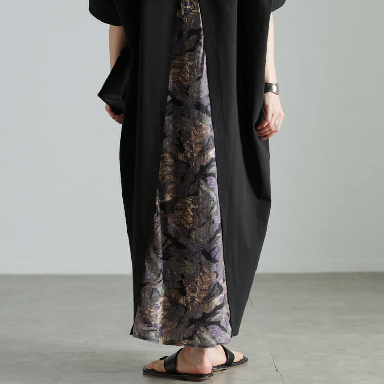 大きいサイズ レディース 後ろリーフ柄切り替えドルマンワンピース