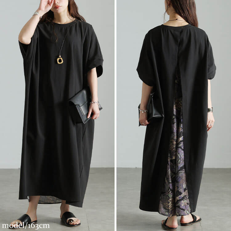 大きいサイズ レディース 後ろリーフ柄切り替えドルマンワンピース