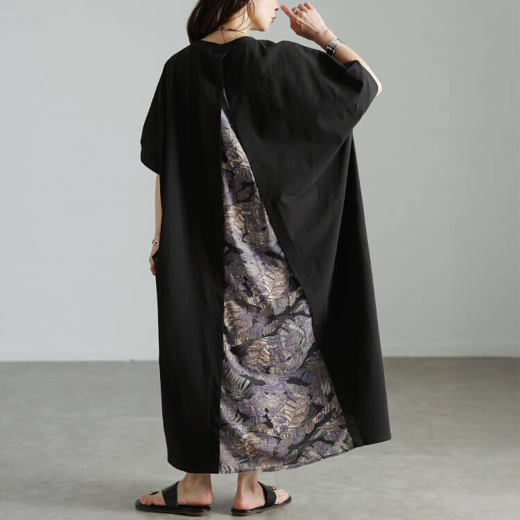 大きいサイズ レディース 後ろリーフ柄切り替えドルマンワンピース