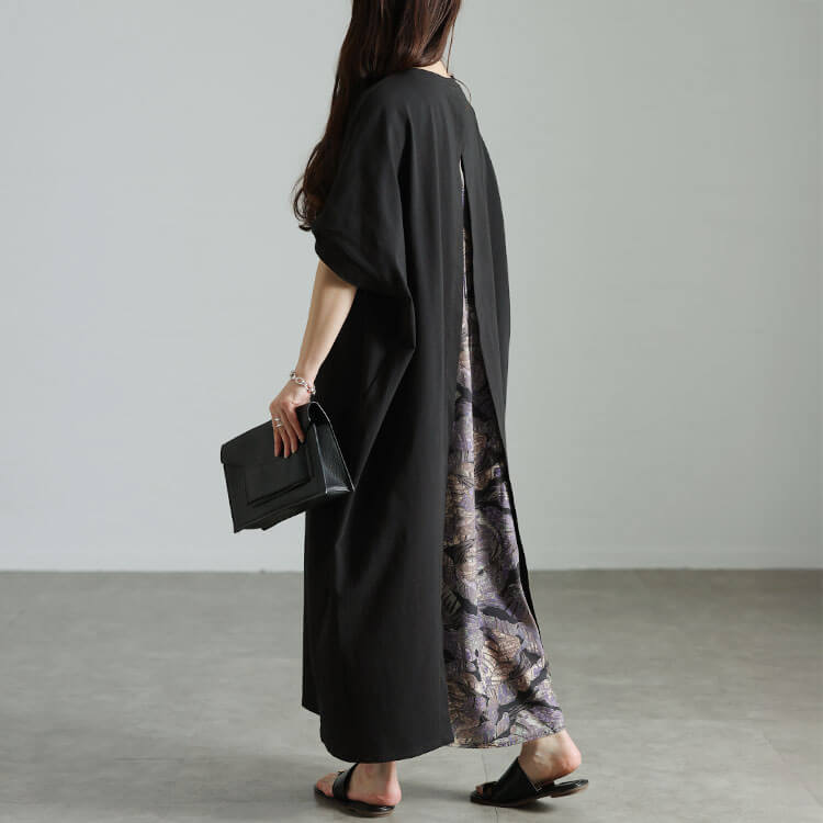 大きいサイズ レディース 後ろリーフ柄切り替えドルマンワンピース