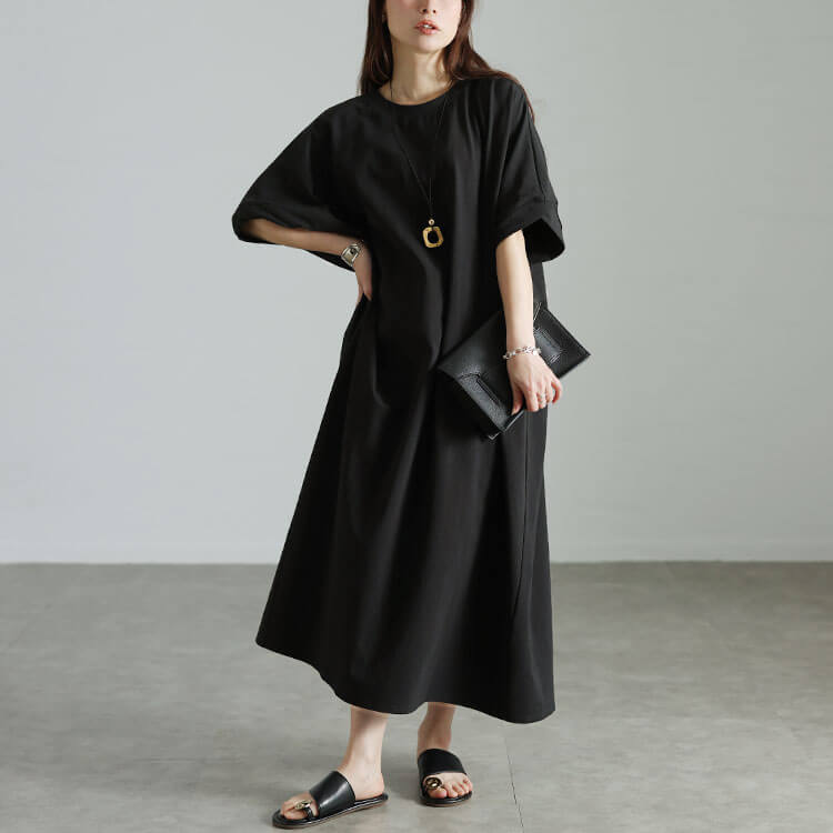 大きいサイズ レディース 後ろリーフ柄切り替えドルマンワンピース ブラック