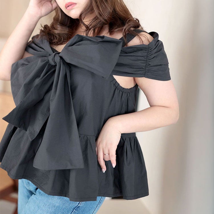大きいサイズ レディース 2wayフロンドリボントップス