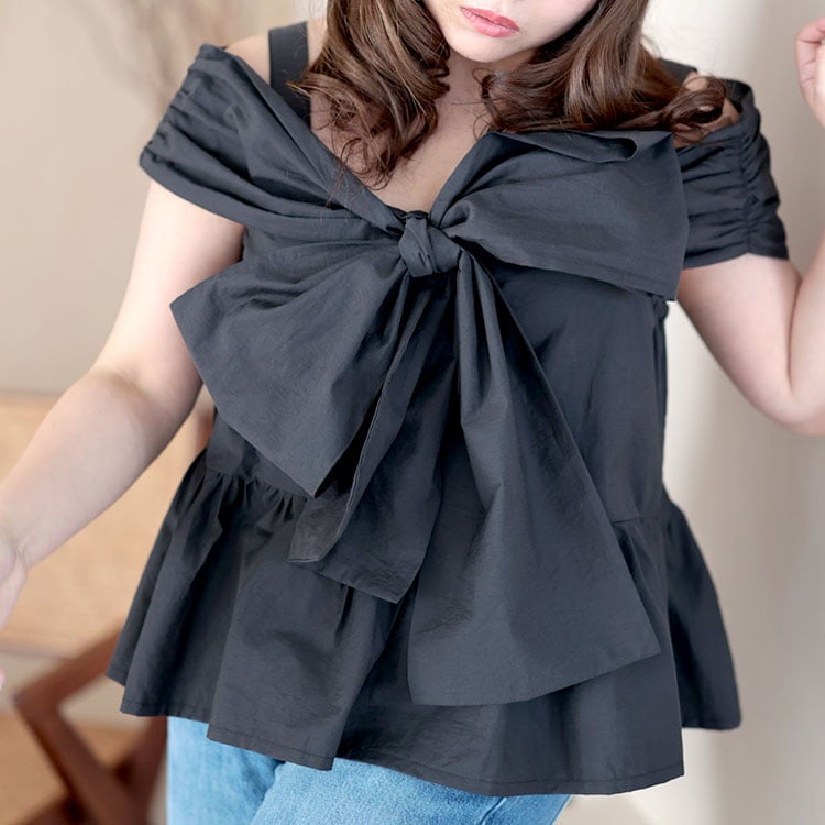 大きいサイズ レディース 2wayフロンドリボントップス