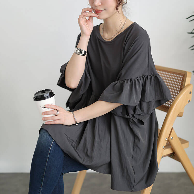 大きいサイズ レディース 接触冷感異素材切り替えワイドチュニック