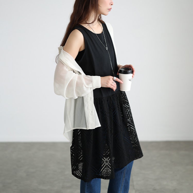 大きいサイズ レディース レース切り替えタンクトップチュニック