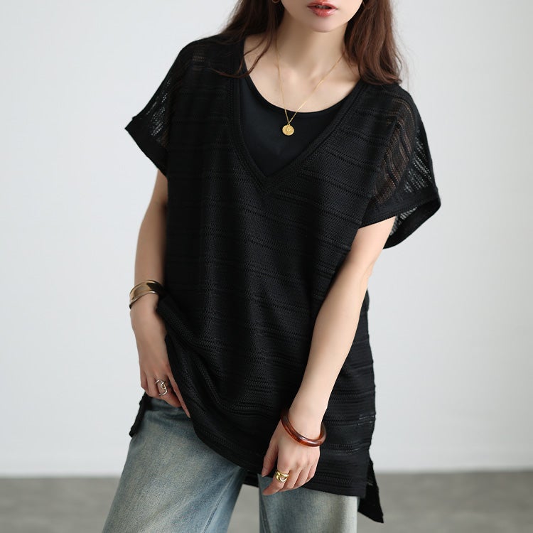 大きいサイズ レディース 透かし編みニット＆コットンタンクトップ2点セット