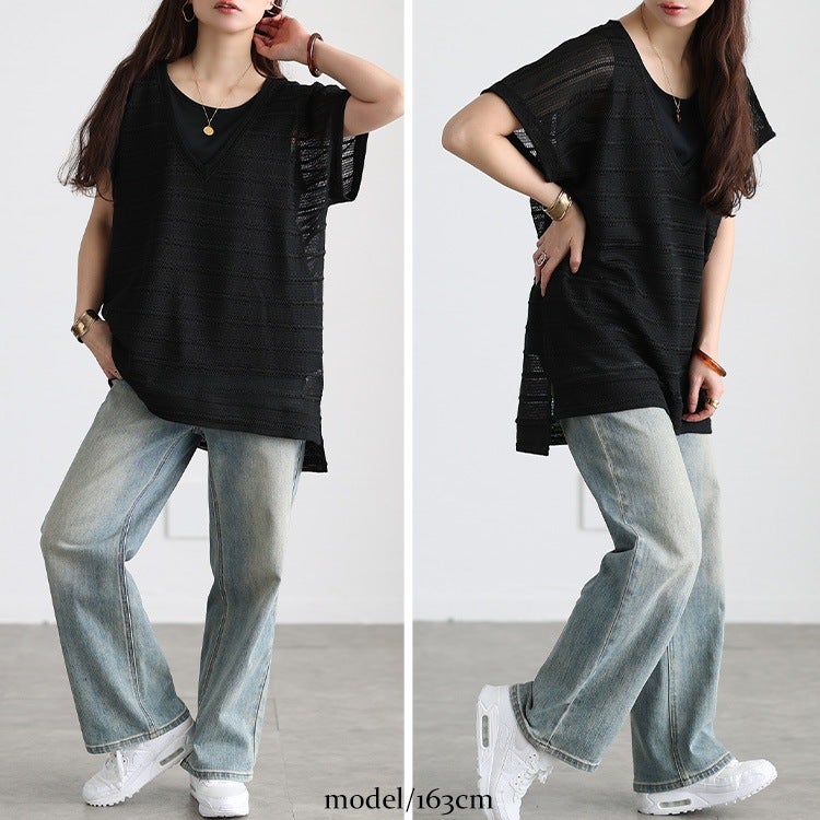 大きいサイズ レディース 透かし編みニット＆コットンタンクトップ2点セット