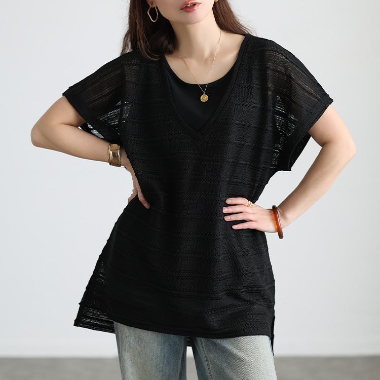 大きいサイズ レディース 透かし編みニット＆コットンタンクトップ2点セット