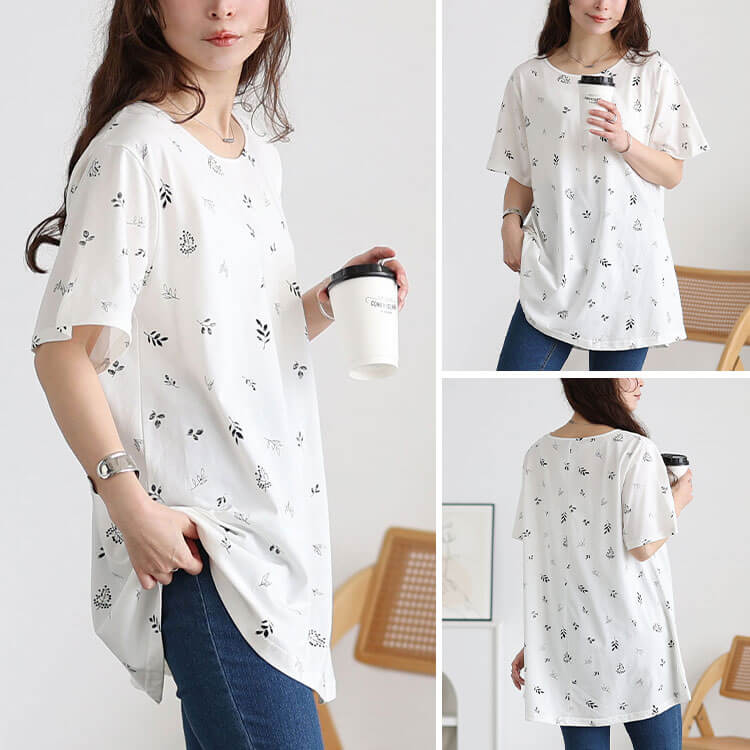 大きいサイズ レディース リーフ柄コットンチュニックTシャツ