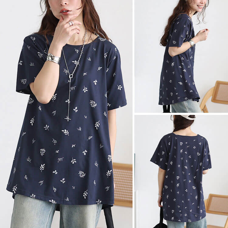 大きいサイズ レディース リーフ柄コットンチュニックTシャツ