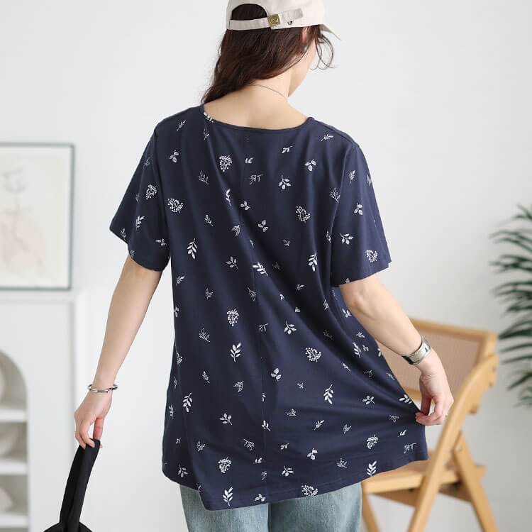 大きいサイズ レディース リーフ柄コットンチュニックTシャツ
